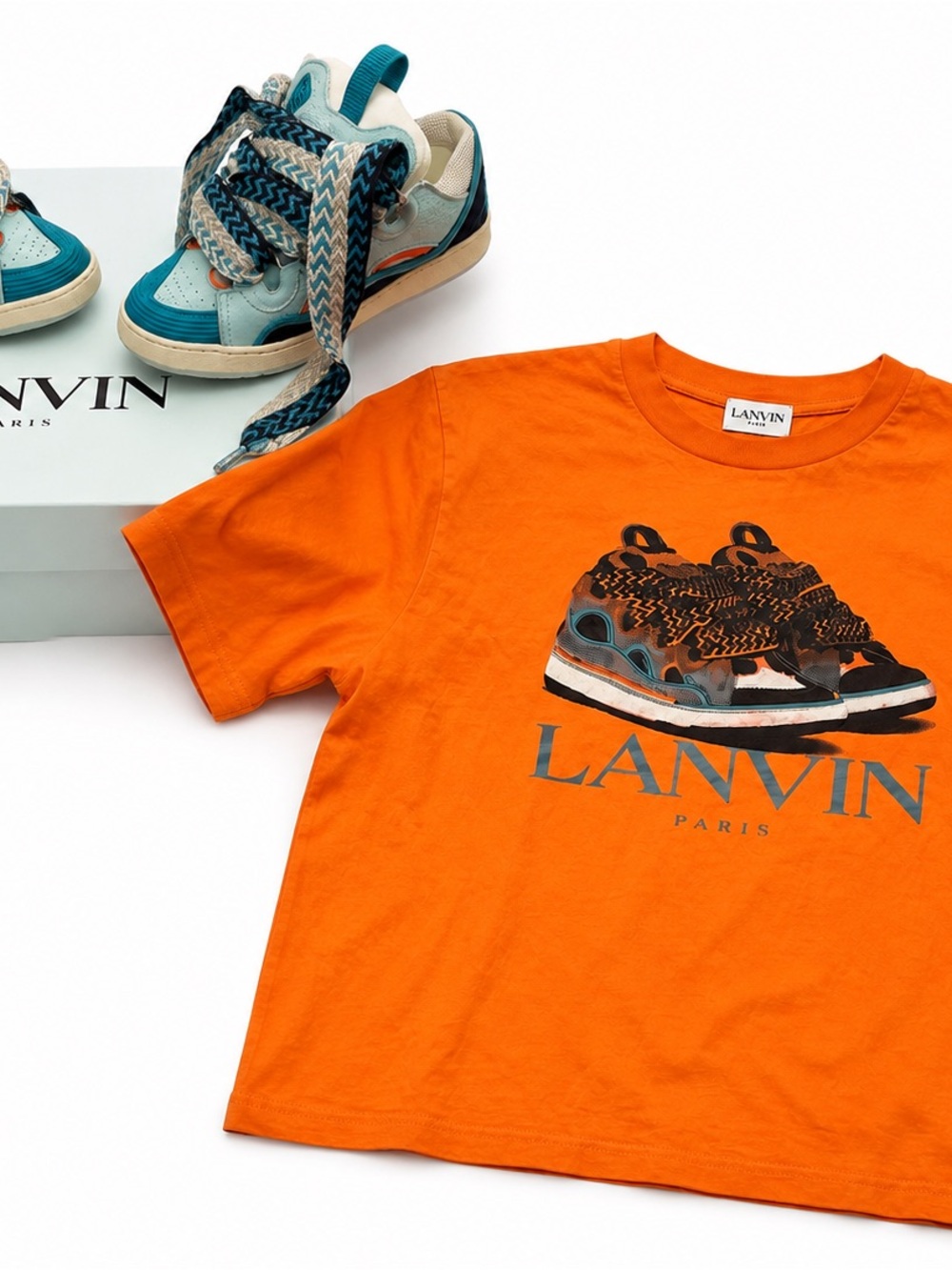 Lanvin Kids Bright Orange Graphic Tee with Sneaker Motif